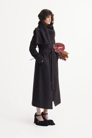 Long Wrap Coat With Drape Collar Black