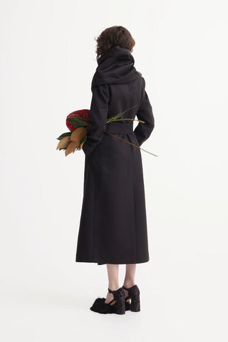 Long Wrap Coat With Drape Collar Black