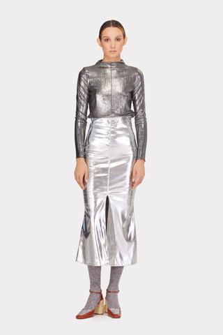 Mermaid Faux Leather Midi Skirt With Slit - Silver