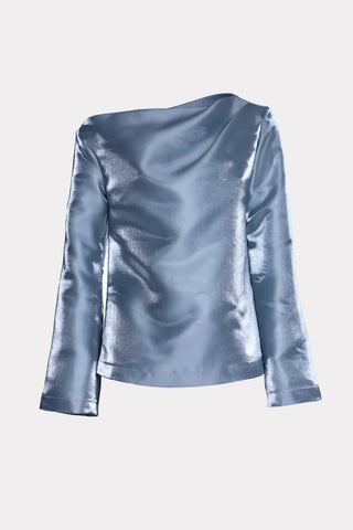 Modern Boat Neck Blouse With Gentle Sheen Metallic Blue