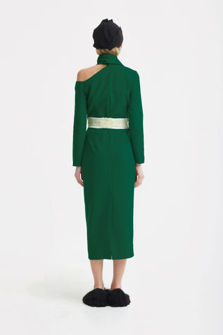 Rochie midi elegantă de seară cu umăr deschis – Verde