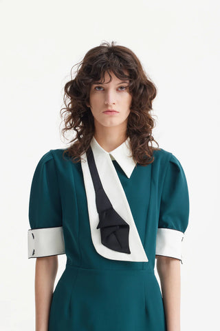 Rochie formală cambrată cu guler alb - Office to Evening Style, verde