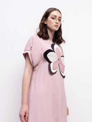 Silky Touch Midi Pale Pink Dress With Handmade Floral Appliqué