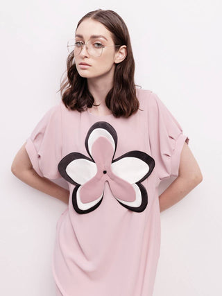 Silky Touch Midi Pale Pink Dress With Handmade Floral Appliqué