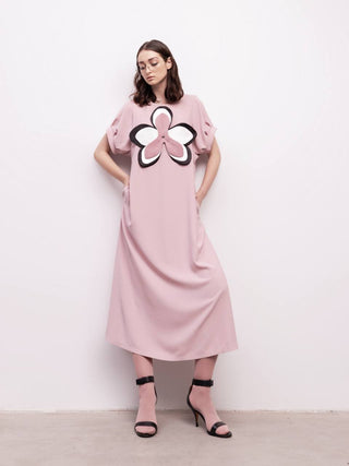 Silky Touch Midi Pale Pink Dress With Handmade Floral Appliqué