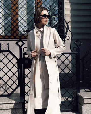 Ecru Long Button-Up Eco-Leather Trench