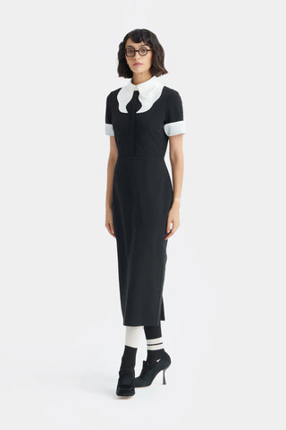 Polished Fitted Midi Short Sleeve Dress - Black