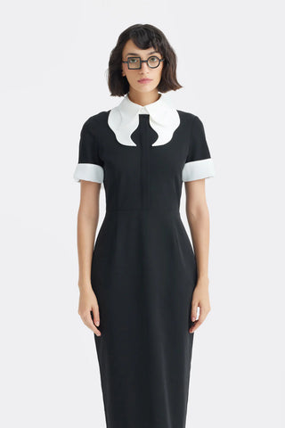 Polished Fitted Midi Short Sleeve Dress - Black
