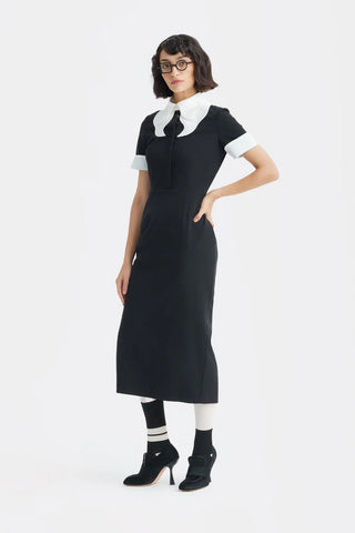 Polished Fitted Midi Short Sleeve Dress - Black