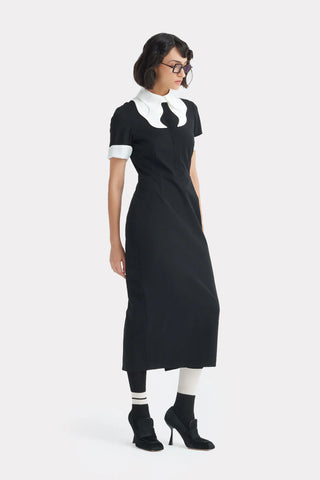 Polished Fitted Midi Short Sleeve Dress - Black