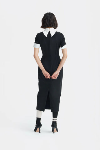 Polished Fitted Midi Short Sleeve Dress - Black