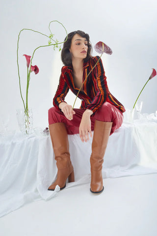 Retro Striped Jacket- Velvet Burgundy Red