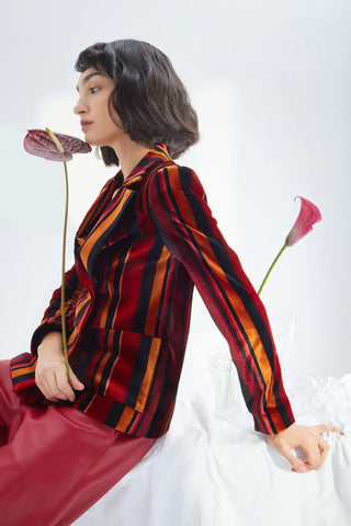 Retro Striped Jacket- Velvet Burgundy Red