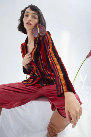 Retro Striped Jacket- Velvet Burgundy Red