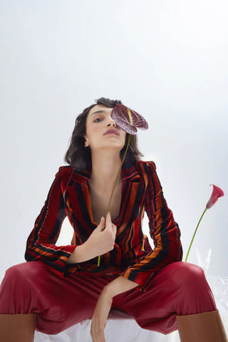 Retro Striped Jacket- Velvet Burgundy Red