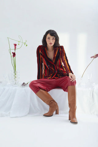 Retro Striped Jacket- Velvet Burgundy Red