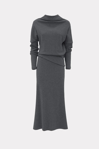 Rib Knit Suit Asymmetric Blouse & Basic Skirt Dark Grey