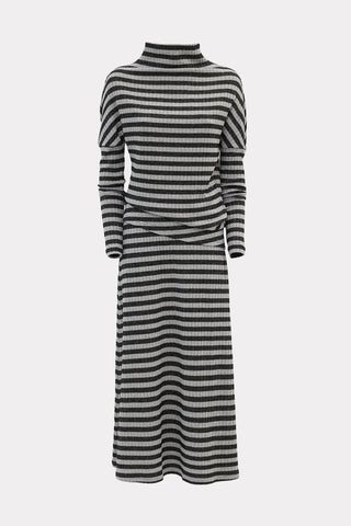 Rib Knit Suit Asymmetric Blouse & Basic Skirt Striped Lurex