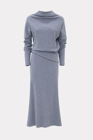 Rib Knit Suit Asymmetric Blouse & Basik Skirt Grey & Blue