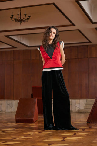 Pantaloni largi din catifea cu detalii din satin, culoare neagră