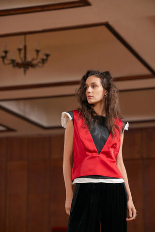 Satin Blouse With Mesh And Shoulder Pads Red