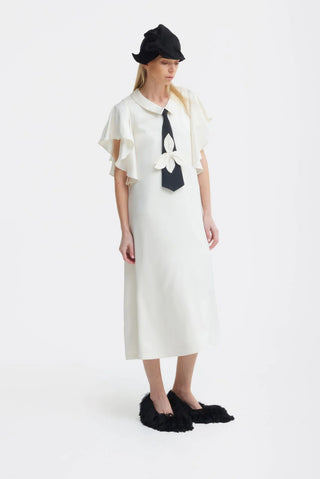 Double-Layer Satin Midi Dress With Tie Detail – Ivory