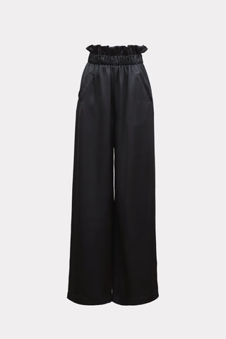 Pantaloni largi negri din satin cu volane la talie