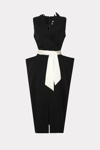 Rochie midi sculpturală fără mâneci, cu decolteu în V și curea, neagră