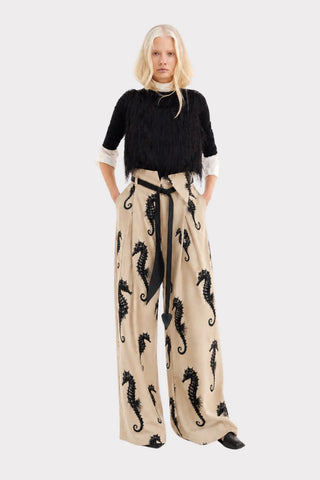 Ivory Seahorse Print Wide Leg Trousers With Belt – Capsule Edition
