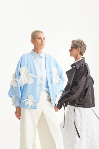 Silk-Lined Wrap Jacket With Dropped Sleeves Light Blue