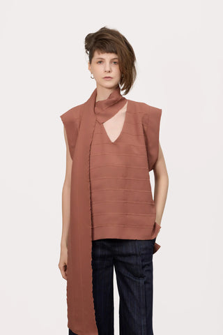 Sleeveless Fringed Stripe Blouse With Scarf Terracotta