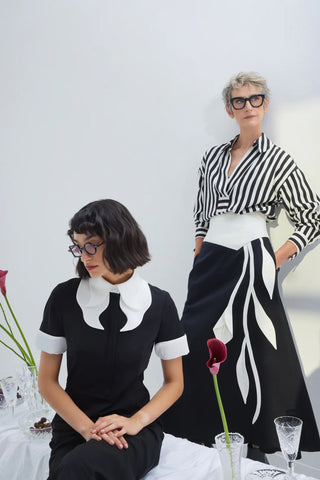 Smart-Casual Flared Midi Skirt, Floral Detail — Black-White