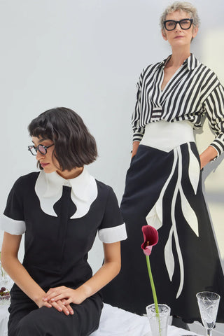 Smart-Casual Flared Midi Skirt, Floral Detail — Black-White