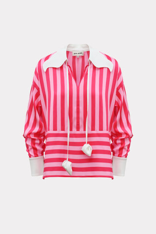 Smart Elegance – Silk-Touch Striped Long-Sleeve Blouse Pink