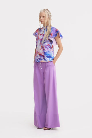 Stand Collar Ruffle Sleeve Blouse – Fish Print