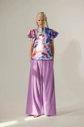 Stand Collar Ruffle Sleeve Blouse – Fish Print