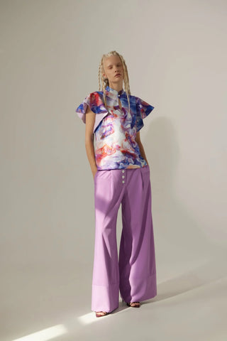 Stand Collar Ruffle Sleeve Blouse – Fish Print