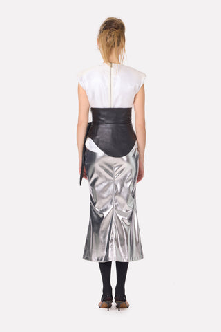 Mermaid Faux Leather Midi Skirt With Slit - Silver