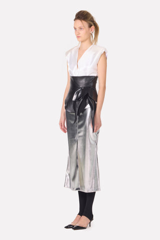 Mermaid Faux Leather Midi Skirt With Slit - Silver