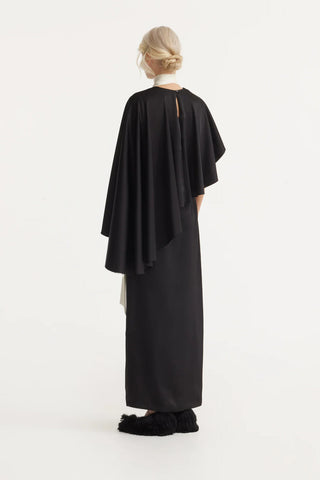 Structured Satin Cape Dress With Contrast Scarf Black