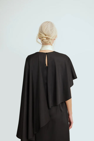 Structured Satin Cape Dress With Contrast Scarf Black