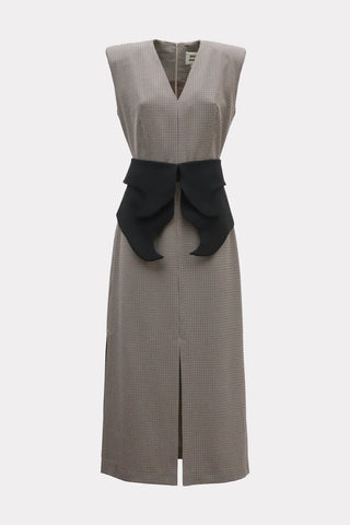 Structured Sleeveless V-Neck Dress with Waist Belt - Grey-Brown, Black