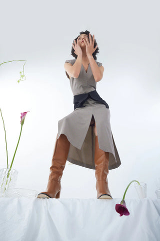 Structured Sleeveless V-Neck Dress with Waist Belt - Grey-Brown, Black