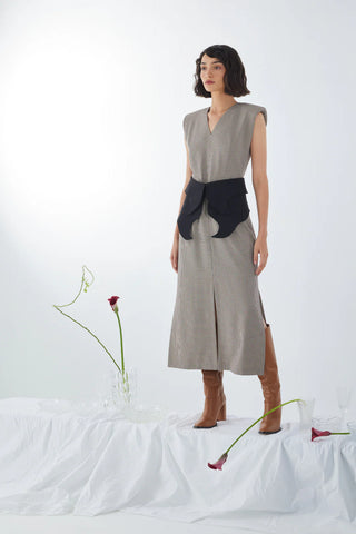 Structured Sleeveless V-Neck Dress with Waist Belt - Grey-Brown, Black