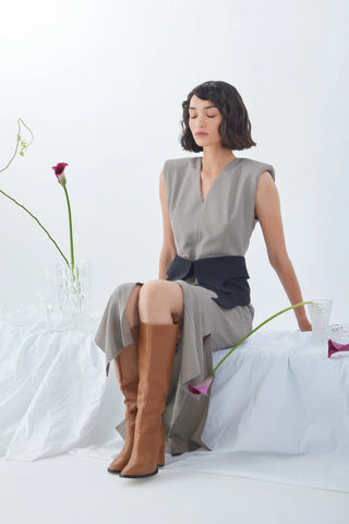 Structured Sleeveless V-Neck Dress with Waist Belt - Grey-Brown, Black
