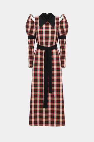 Stylish Cold Shoulder Long Sleeve Dress With Belt Red Check