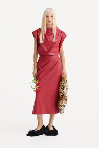 Stylish Sleeveless Faux Leather Dress Red