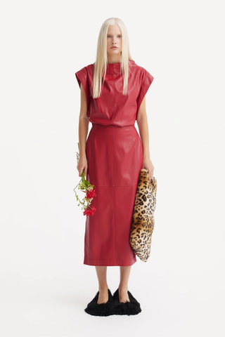 Stylish Sleeveless Faux Leather Dress Red