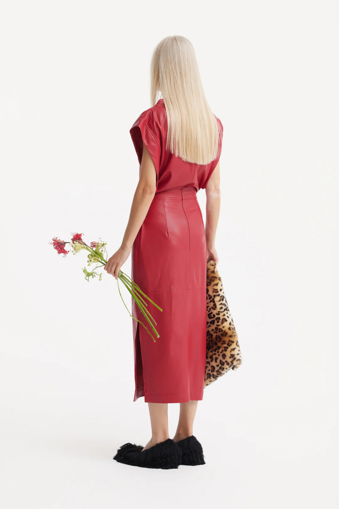 Stylish Sleeveless Faux Leather Dress Red –