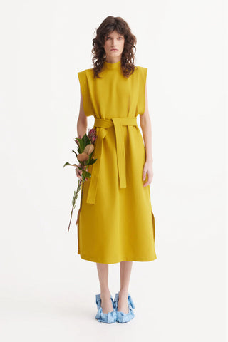 Stylish Straight Dress With Belt Mustard